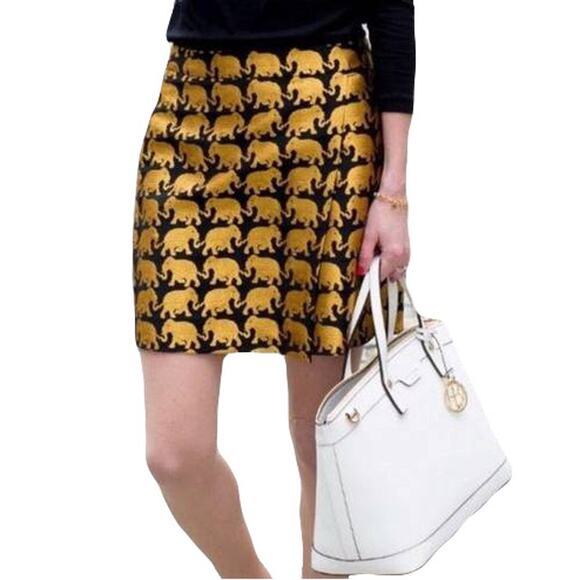 NWOT J.CREW Skirt 00 Black Gold Shiny Elephants Faux Wrap...
